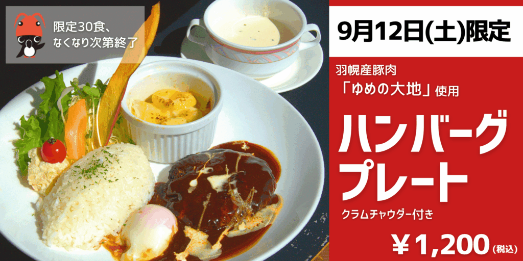 ハンバーグにデミグラスソースとクリームソースをかけ、ライス、温泉卵、サラダ、付け合わせを盛り付けたプレート。奥にクラムチャウダーを添えた料理写真。